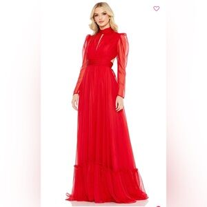 Mac Duggal Red Ruched Tiered Gown with Bishop Sleeves